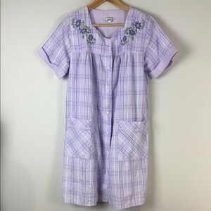 Croft & Barrow House Dress Purple Plaid Button-Up Dress with Floral Embroidery